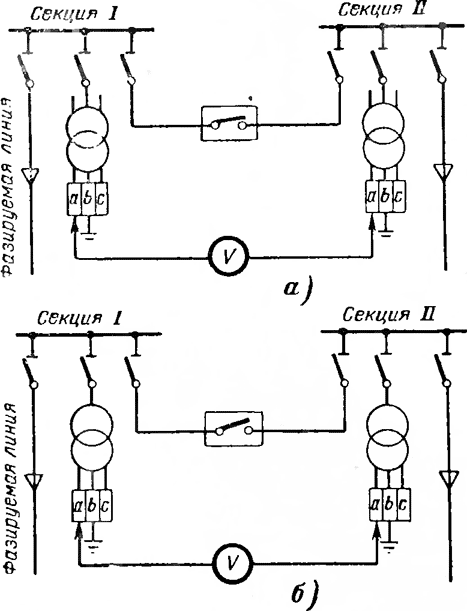 Схема фазировки линий при помощи стационарных трансформаторов напряжения