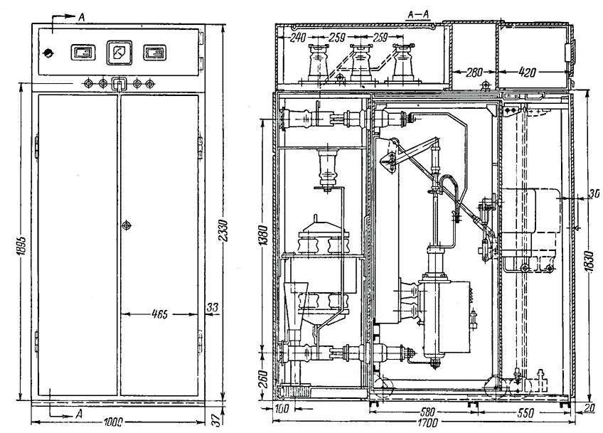 Разрез и фасад шкафа комплектного распределительного устройства 10 кВ