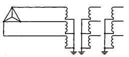 Схема включения однофазных заземляемых и трехфазных заземляемых трехобмоточных трансформаторов с двумя основными вторичными обмотками