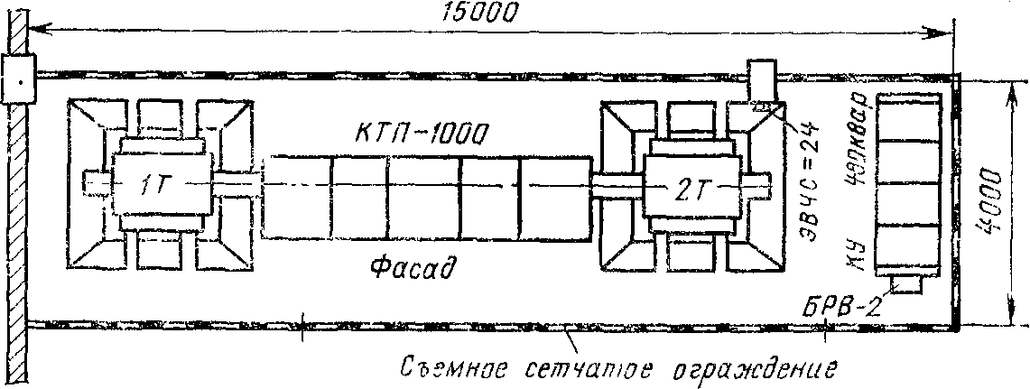 План размещения конденсаторных установок типа КУ-И-6 и двухтрансформаторной подстанции в общем помещении