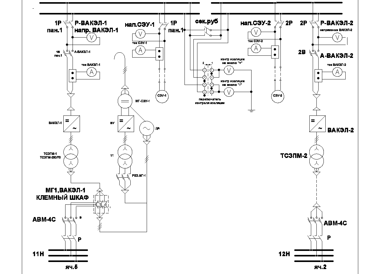 Схема подключения выпрямителей ВАКЭЛ-1 и ВАКЭЛ-2 на ЩПТ электролизера