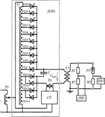 Электрическая схема автоматического стенда для определения пробивного напряжения разрядника