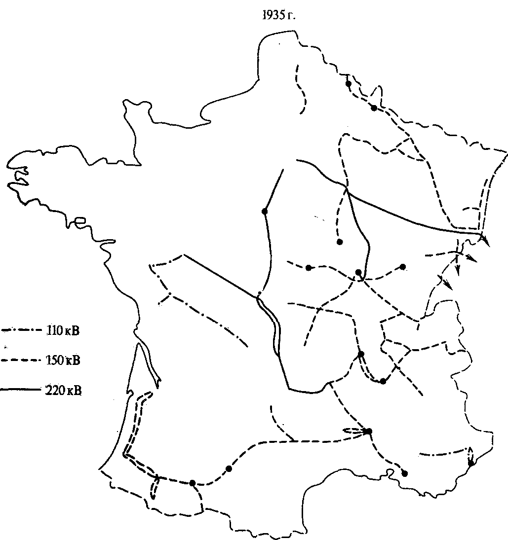 Карта-схема передающих сетей Франции в 1935 г.