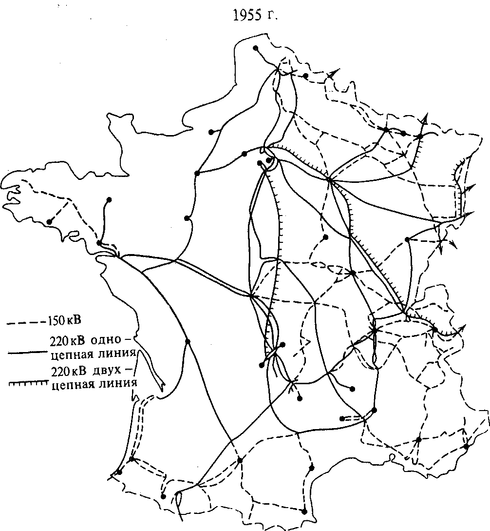 Карта-схема передающих сетей Франции в 1955 г.