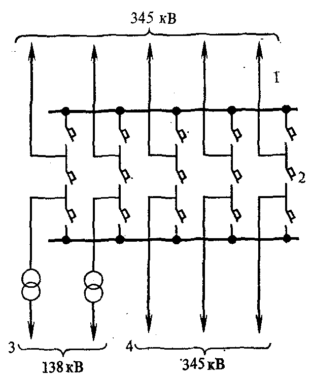 Схема с двумя системами шин и четырьмя выключателями на три цепи