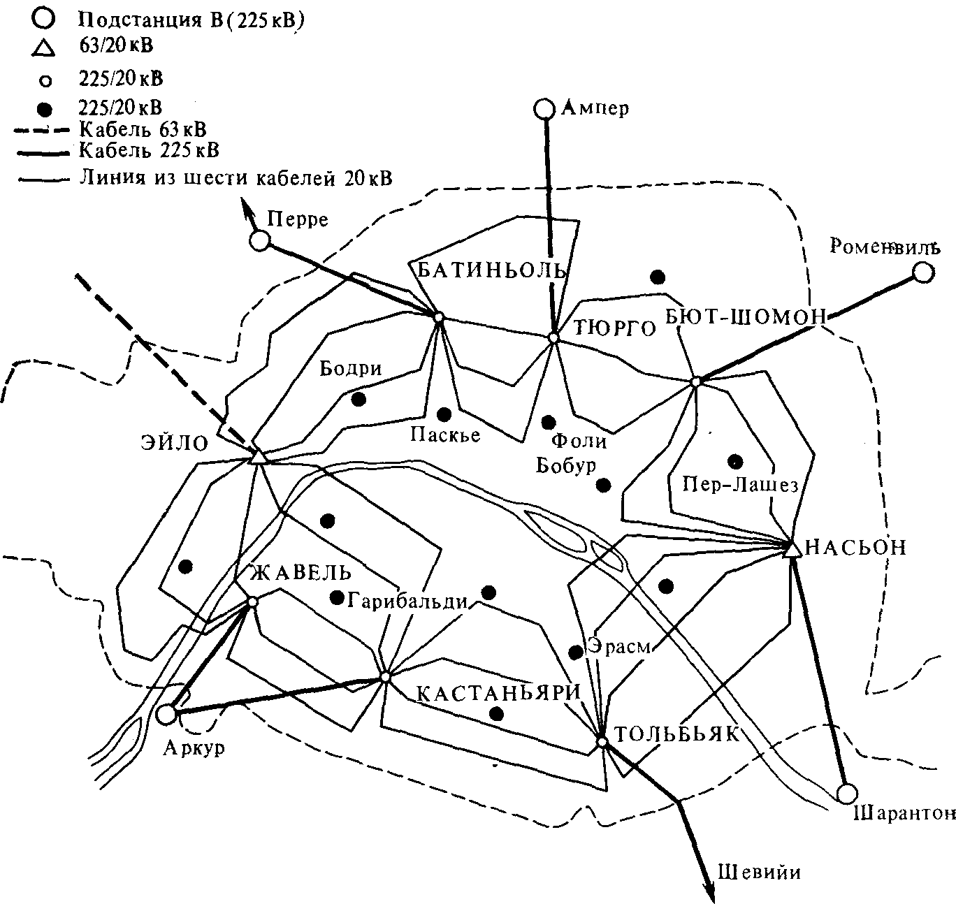 Месторасположение подстанций 225/20 кВ и линий 20 кВ в Париже